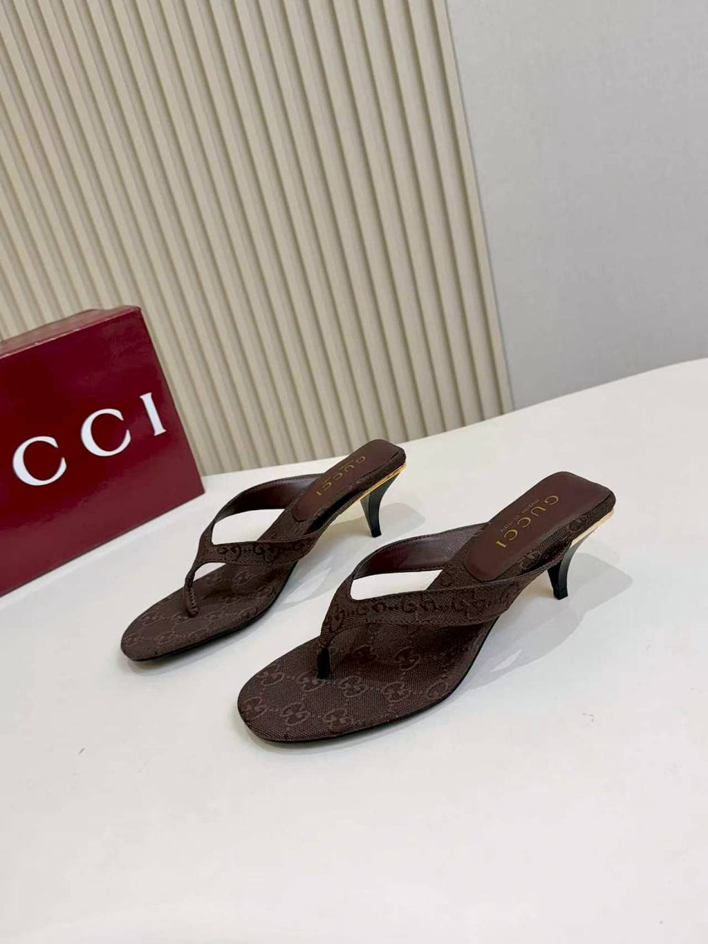 Gucci Monogram Thong Slingback Heeled Sandals — side